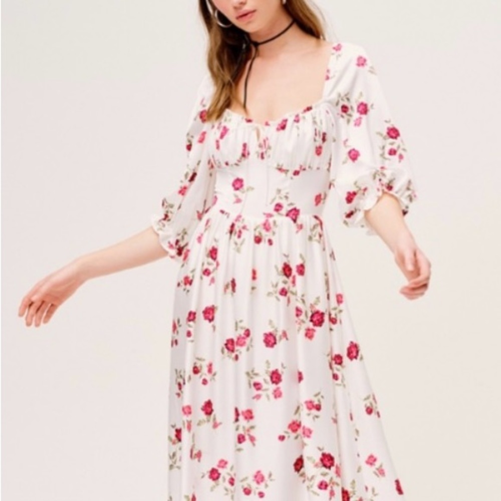NWT For Love and Lemons Rosie Dress Sz Medium Red and White Floral Midi Maxi